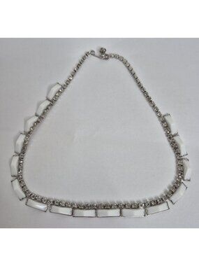 Vintage Kramer New York White Milk Glass Clear Rhinestones Necklace 15"